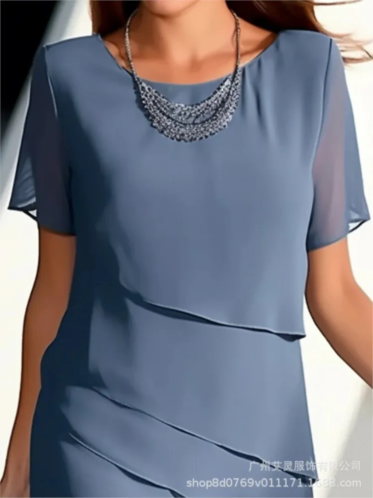 Spring Summer Women\'s New Solid Color Short Sleeved Fashionable Flash Ruffle Edge Round Neck Casual Comfortable Dress