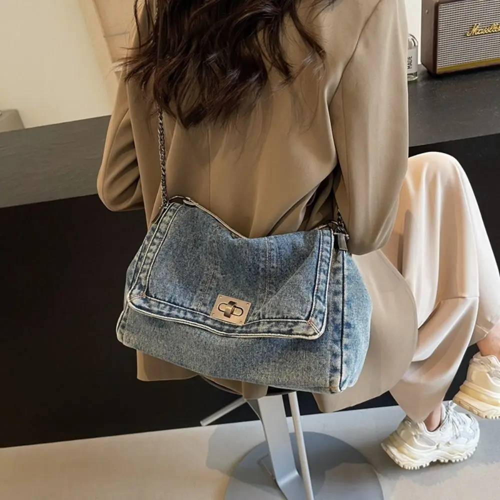 

Shoulder Bag Denim Canvas Bag Street Style Large Capacity Vintage Handbag Metal Chain Solid Color Solid Crossbody Bag Students