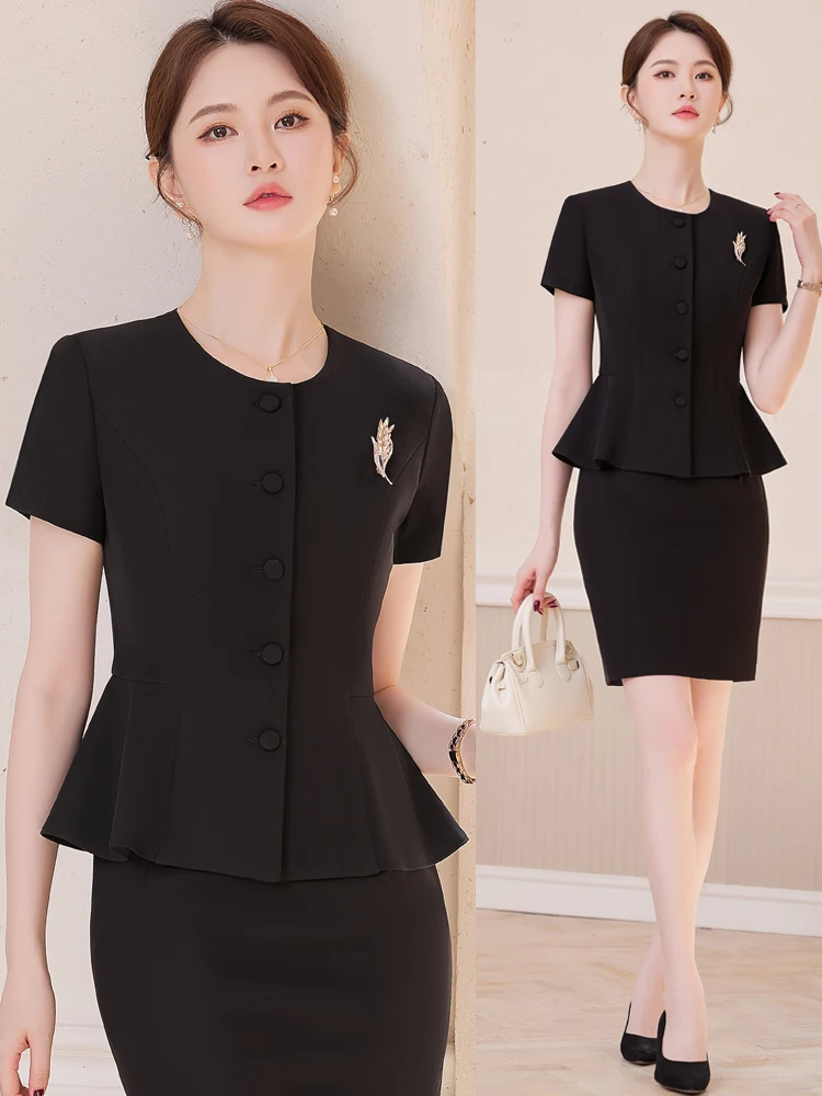 High-End Black Suit Set for Women Summer Short Sleeve Professional Formal Beauty Salon Jewelry Store Front Desk Work Uniform