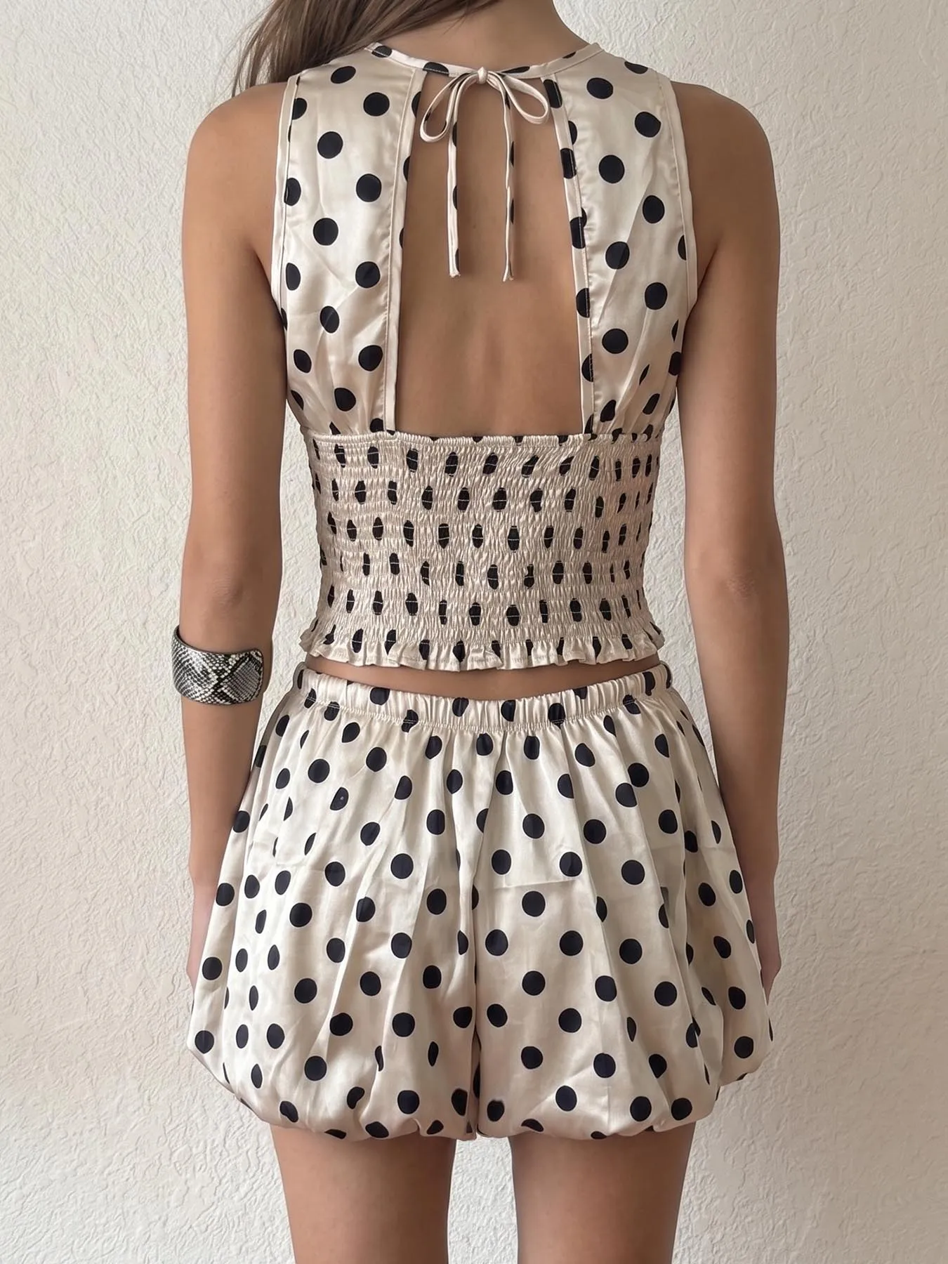 French Satin Big Polka Dot Sleeveless Crop Top Bubble Shorts Set Smocked Waist Two Piece Outfit