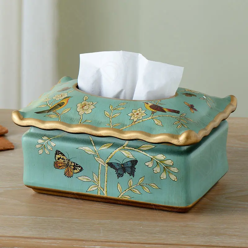 

European Ceramic Tissue Box Hand Painted Magpie Branches Living Room Paper Boxes Western Restaurant Desktop Tissues Organizer