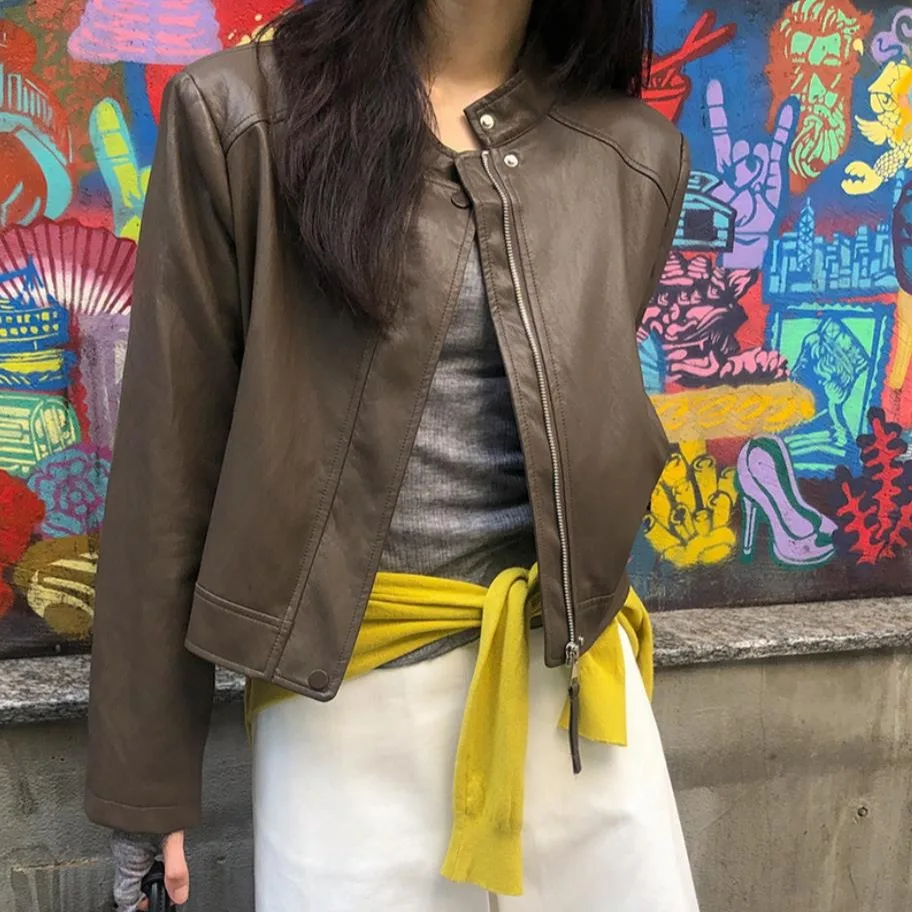 Sli rétro moto Jaet femmes rond Ne Pu cuir manteau automne hiver vêtements d'extérieur coréen Sle Street Faion