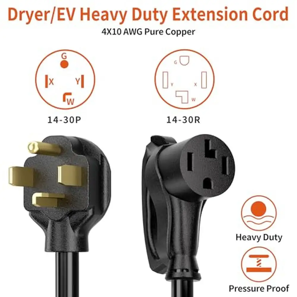 30A 4 Prong Dryer Cord 25FT Black Extension Cord 10/4 Gauge NEMA 14-30P to 14-30R Heavy Duty Outdoor Power Cord Dryer Laundry RV