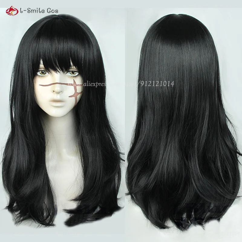 Type 2 Asa Mitaka Asa Cosplay Wig Long Black Wig Women Mitaka Asa Cosplay Stickers Props Heat Resistant Synthetic Hair + Wig Cap