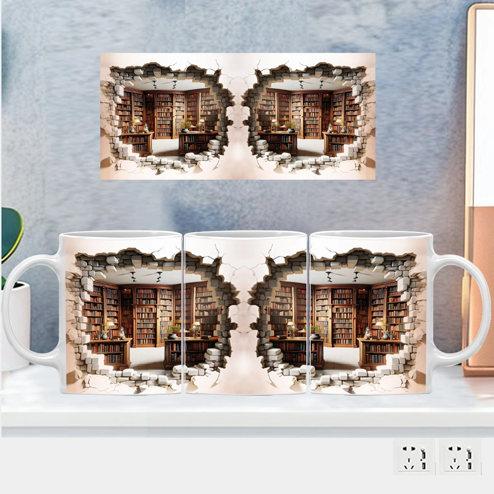 3D Book Mug Wrap, 11oz Tea Cups,  Bookshelf Sublimation Mugs,Coffee Mug Hole, Perfect Gift for Book Lovers