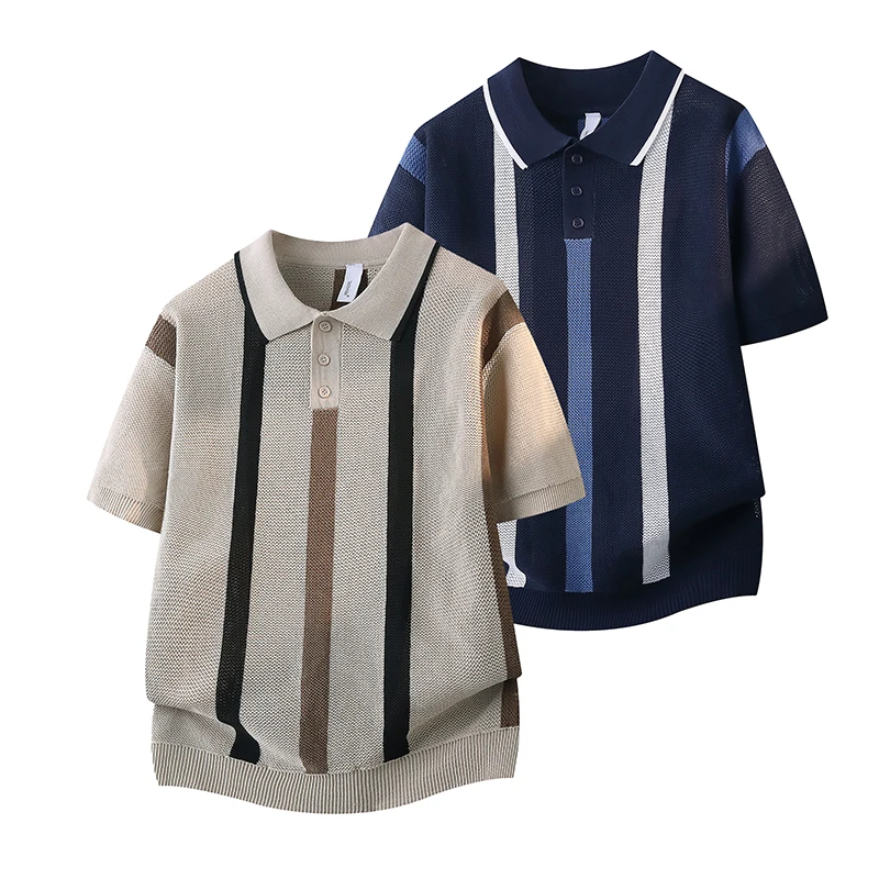 

Men New Lapel Short Sleeve Striped Ice Silk Bottoming Shirt Men Plus Size Polo Shirt Men Spring New Arrival Casual Pullover Tops