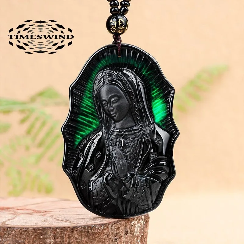 

TIMESWIND Natural A-type Jade Black Virgin Mary Carved Pendant Men Necklace with Certificate