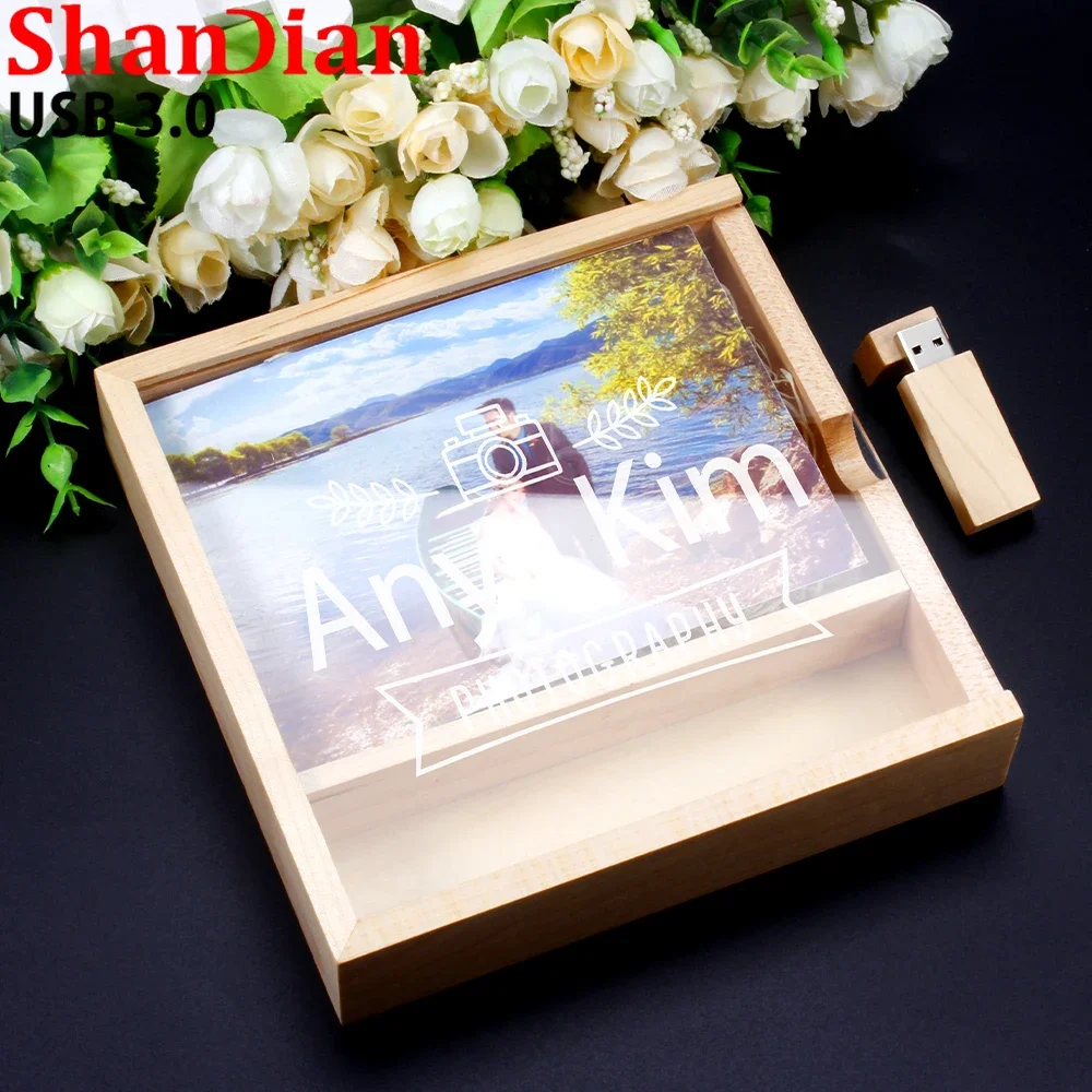 Wooden Transparent Cover Box USB 3.0 Flash Drive Photography Pen Drive Free Customized Logo Memory Stick Wedding Album Gift