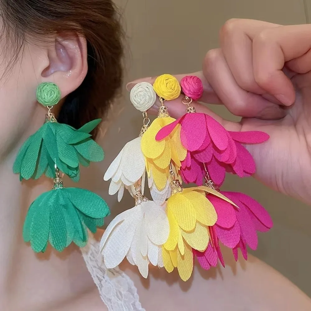 Trendy Exaggerated Chiffon Flower Earrings Boho Style Handwoven Long Drop Earrings Colorful Fabric Tassel Earrings for Women