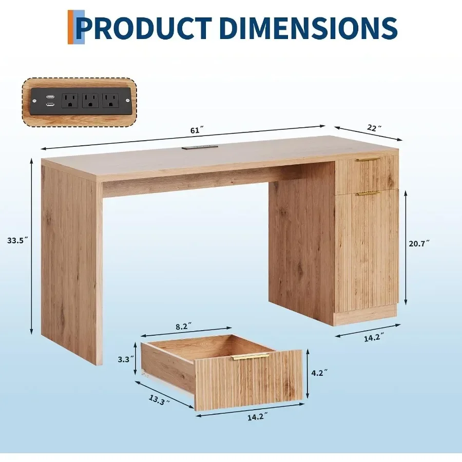 Executive Desk with Drawer and Power Outlet, 61 Large Farmhouse Computer Desk Home Office Wood Executive Desk with Adjustable S