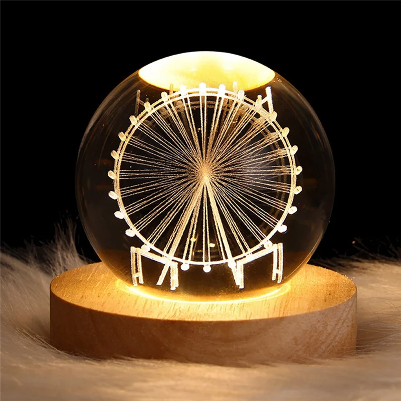 Crystal Ball Night Light with Base LED Table Lamp Lighted Stars Galaxy USB Power Warm Night Light Ferris Wheel for Kid