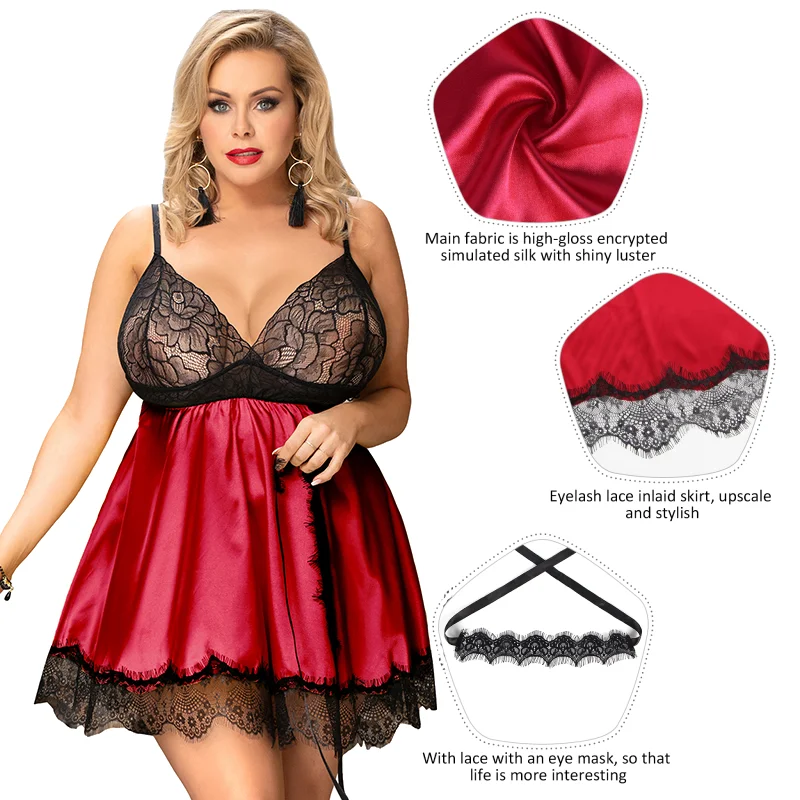 Ohyeah lady Seide Dessous Kleid plus Größe Satin sexy Nachthemd transparente Nachtwäsche Kurve Mini Spitze Nachthemd Outfit Augen maske