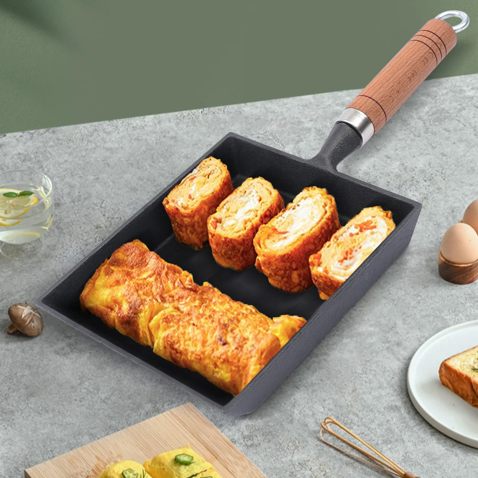 Padella Quadrata per Uova e Omelette con Manico in Legno, Antiaderente, per Piani a Induzione e Fornelli a Gas