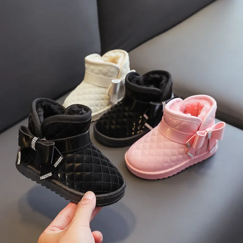 

Solid Color Cotton Shoes Boy Plaid Warm Bow Fleece Short Cotton Boots Autumn Winter Children Waterproof Snow Boots Girl Leather