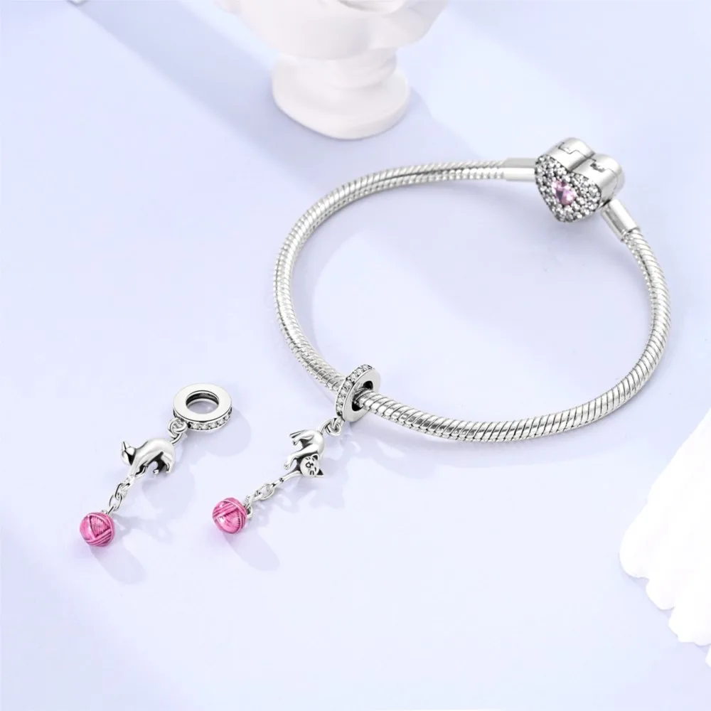 925 Sterling Silver Cat scratching Yarn Ball Pendants Charms Beads Fit Bracelets DIY Party Decoration Gift Jewelry Accessories