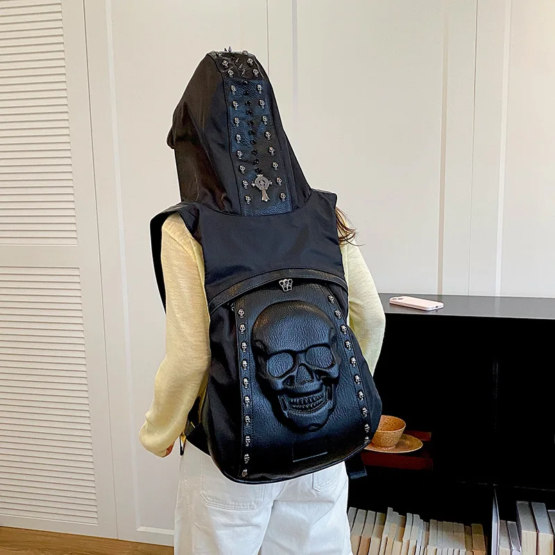 2026 New Dark Punk Gothic Hooded Backpack for Unisex 3D Skull Embossed Rivet Decor Streetwear Large Capacity Travel Backpack