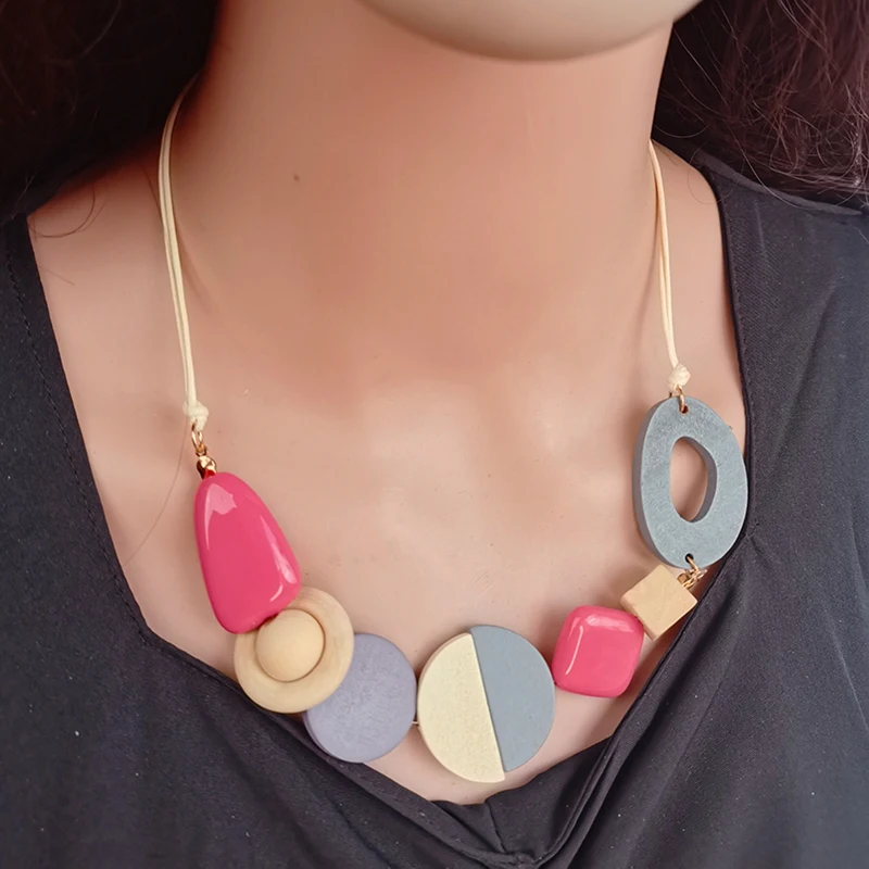 Women Statement Geometric Wood Necklaces Pendants Handmade Wooden Bib Necklace Vintage Ethnic Fashion Neck Jewelry Callar