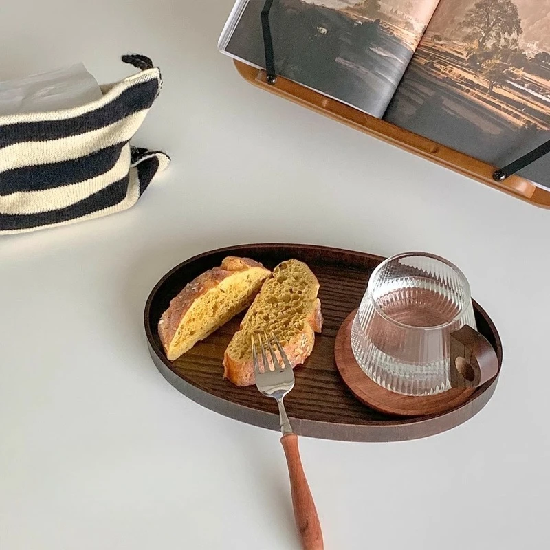 Ash wood oval tray ins style cafe dessert snack tray teacup storage tray high-grade wooden plate