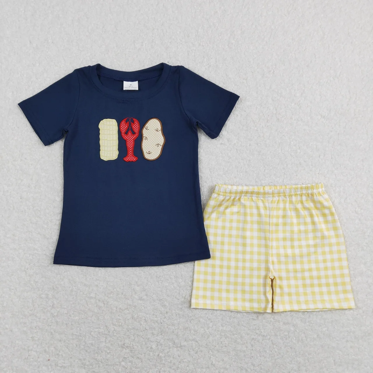 Wholesale Baby Boy Girl Short Sleeves Embroidery Crawfish Navy Blue Shirt Toddler Plaid Shorts Set Kids Children Summer Outfit