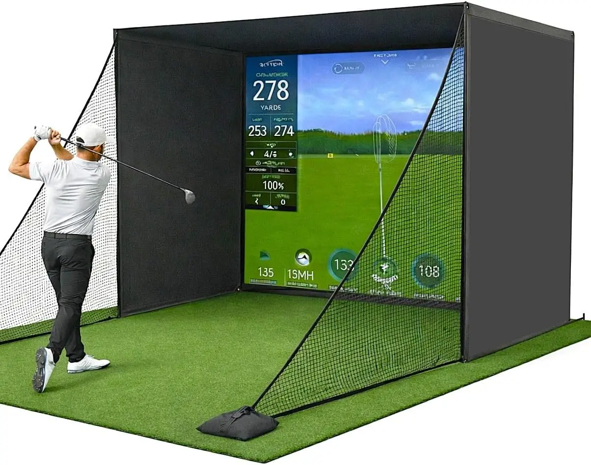 Golf Simulator Enclosure for Home 10x8 ft Cage with HD Impact Sim Screen Two Shank Nets and Corner Foam Padding for Practice at Indoor Garage