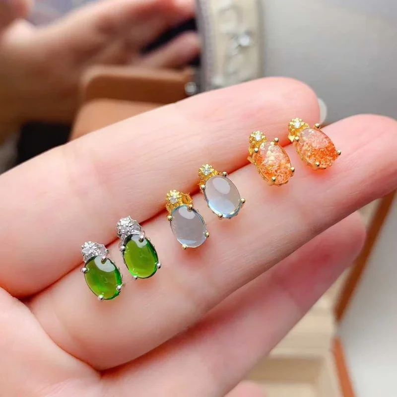 

Real 925 Sterling Silver Stud Earrings for Women Chrome Diopside Topaz Sunstone Jewelry Christmas Birthday Gift with Certificate