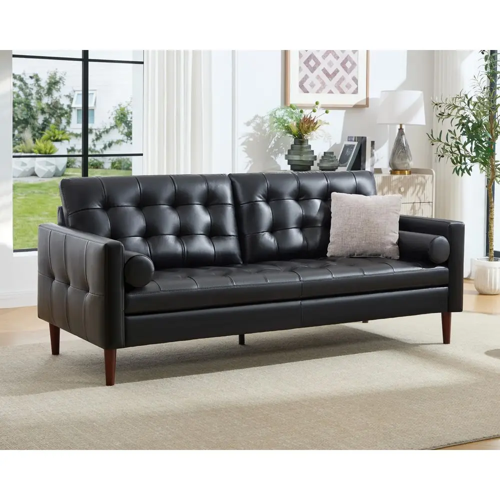 

Leather Sofa, Mid Century Modern Genuine Leather Sofa, 3 Seater Comfy Couch for Living Room Home Office, Black Leather Couch