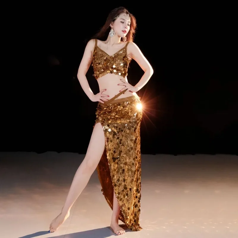 

Belly Dance Costumes Set Top and Skirt 2 PCS Set Sexy Sequins Costume For Adult Women Stage Performance Training Suit Outfit