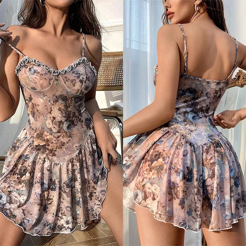 Babydolls Floral pleated camisole short skirt and nightgown Women pajama sexy lingerie for women push up adult sexy nights xxx