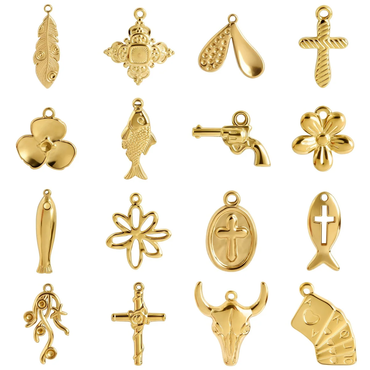 Fashion 5pcs/lot 18K Gold Pvd Plated Stainless Steel Pendant Leaf Cross Flower Bull Poker Charms for Jewelry Making Accessories