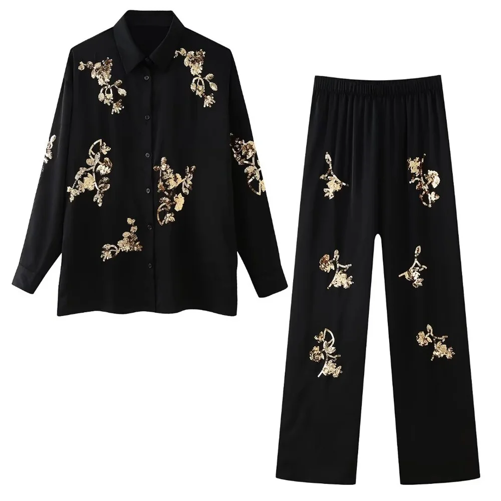 European And American Style Spring And Summer 2024 Women\'s New Fashion Casual Sequin Long Sleeved Shirt Casual Pants Set