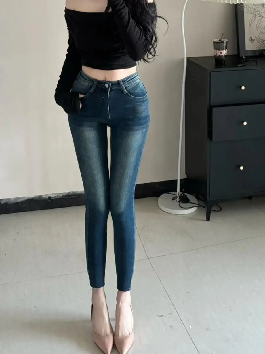 

Thiened Fce Mid-Waist Slimming Small Footed Pants Women's High Waist Cotton Stretch Denim Jeans Spring Autumn Season
