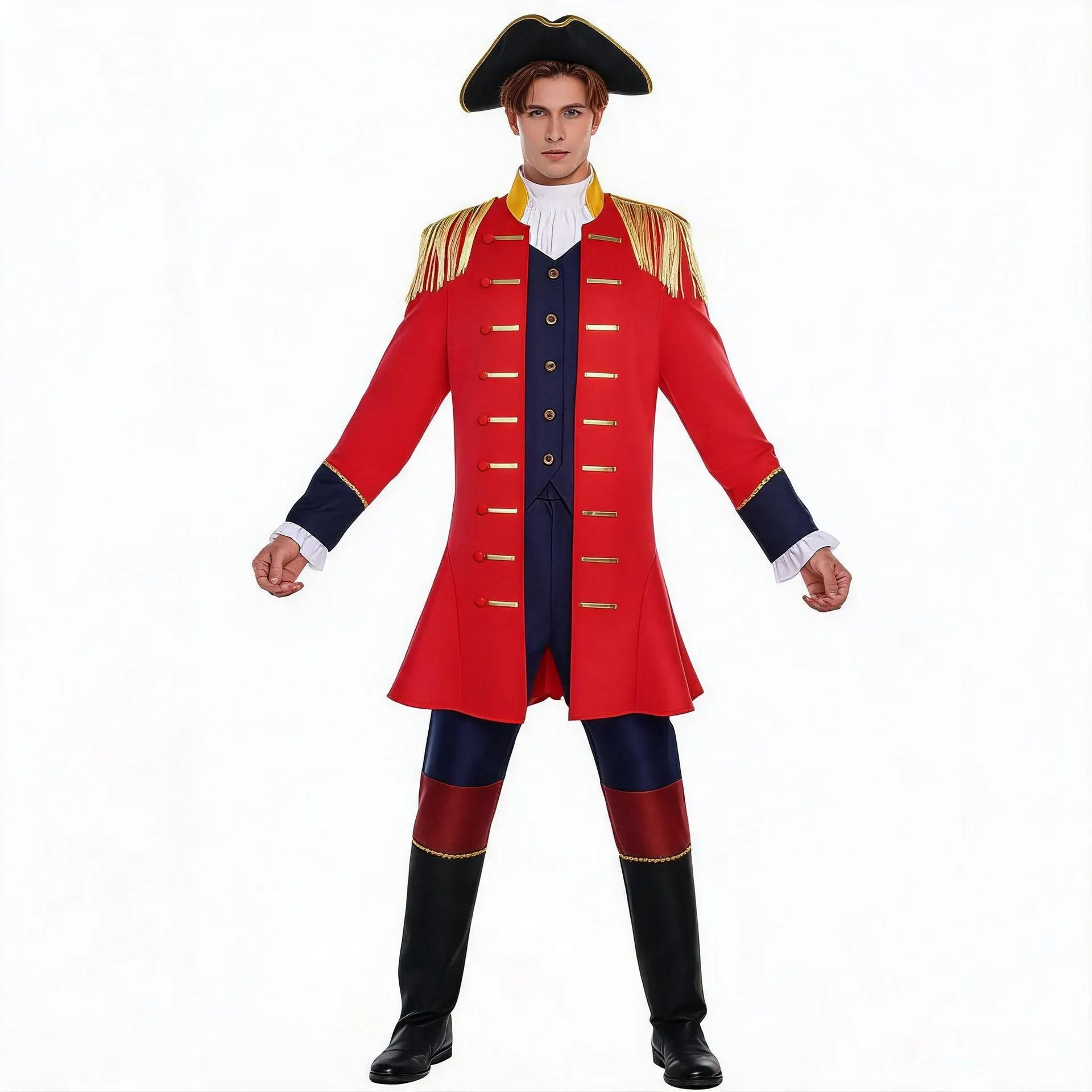 Men 18th Century Costume Red Tailcoat Outfit with Tricorn Hat for Halloween Carnival Party Fancy Dress Soldier Costume