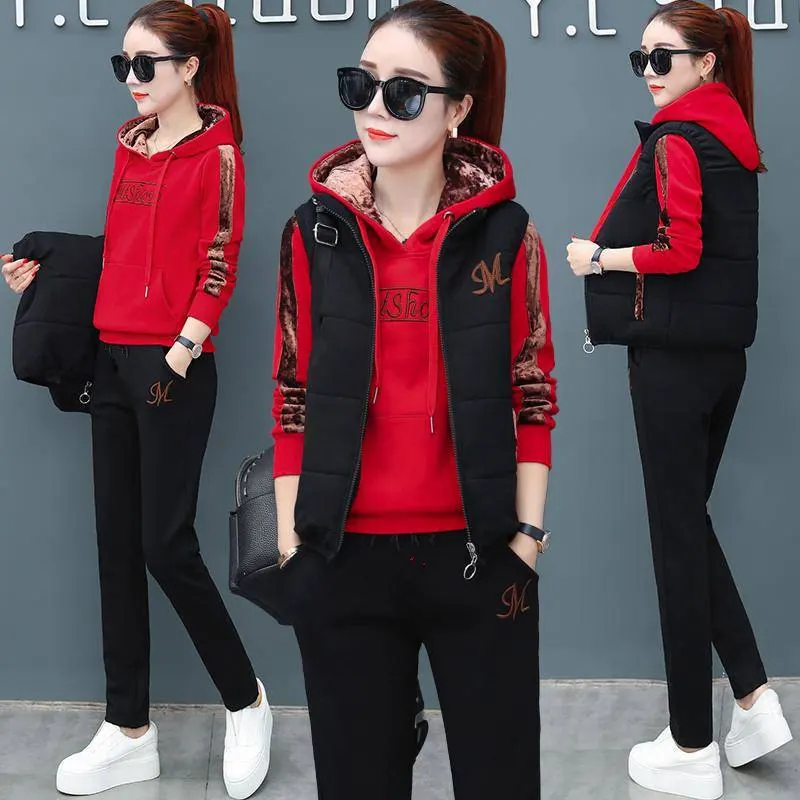 Women 3 Piece Set  Suit Tracksuit Winter Hoodies+Vest+Pants Track Suit Plus Velvet Warm Sporting Suits Female Clothes