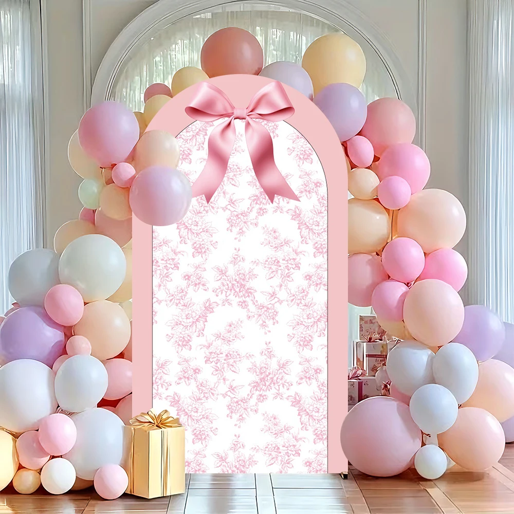 

Girl Pink Party Decorations Backgrounds Floral Bow Pattern Birthady Baby Shower Gender Reveal Portrait Arch Photography Backdrop