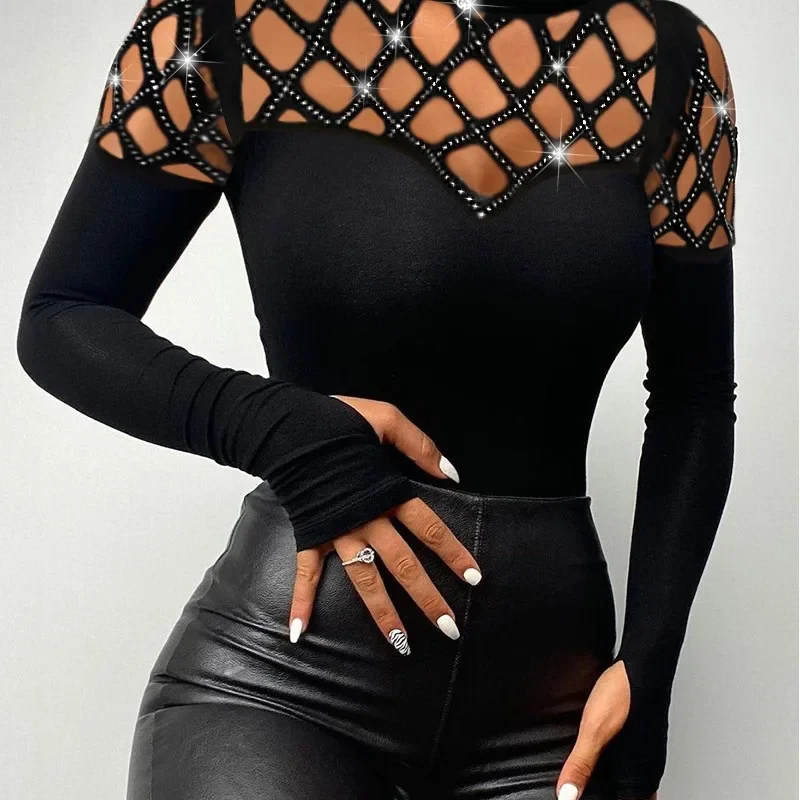 

Tops Women Sexy Top Elegant T-Shirts Hollow Out Round Neck Full Sleeve Sheath Slim Fit Tees Streetwear Y2k Hot Drilling Summer