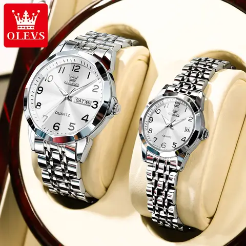 OLEVS 브랜드 패션 마름모 디자인 연인의 쿼츠 시계 남성 여성 솔리드 스테인레스 스틸 방수 빛나는 커플 시계