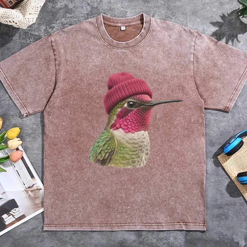 Vintage Washed Hummingbird Wearing Beanie T-Shirt Cotton Round Neck Birding Graphic Tee Printed Tshirt Oversized Unisex Clothes