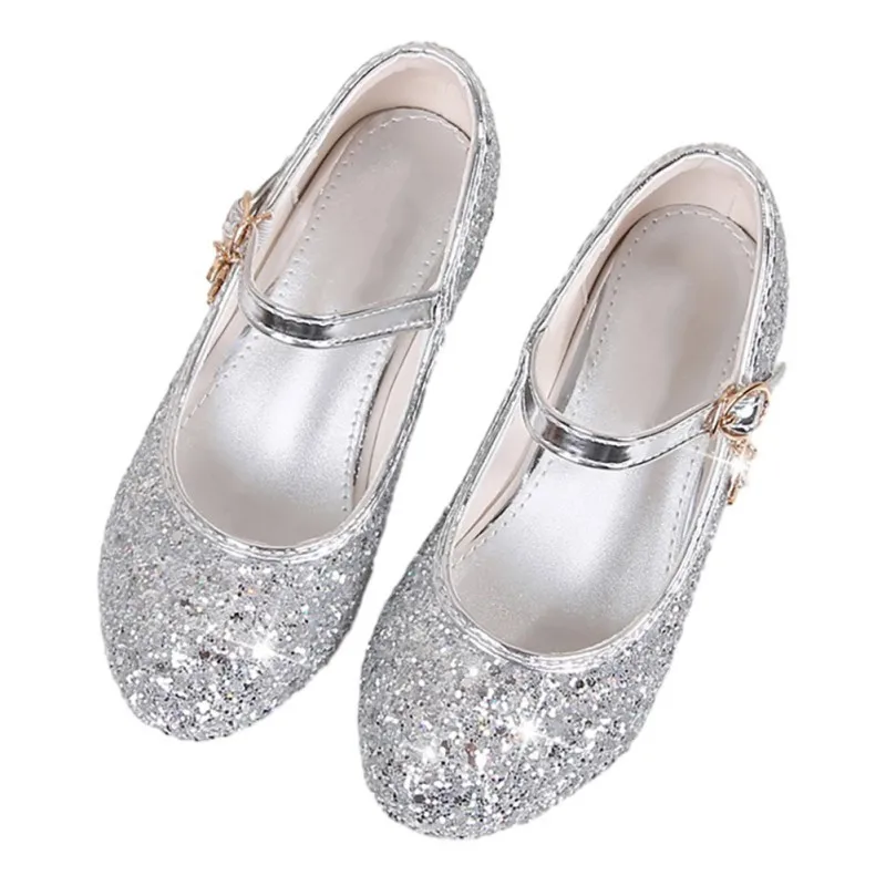 Children\'s Glossy High Heel Dance Princess Shoes Girls Non-slip Sequins Shallow Mouth Leather Shoes 26-40 Sizes