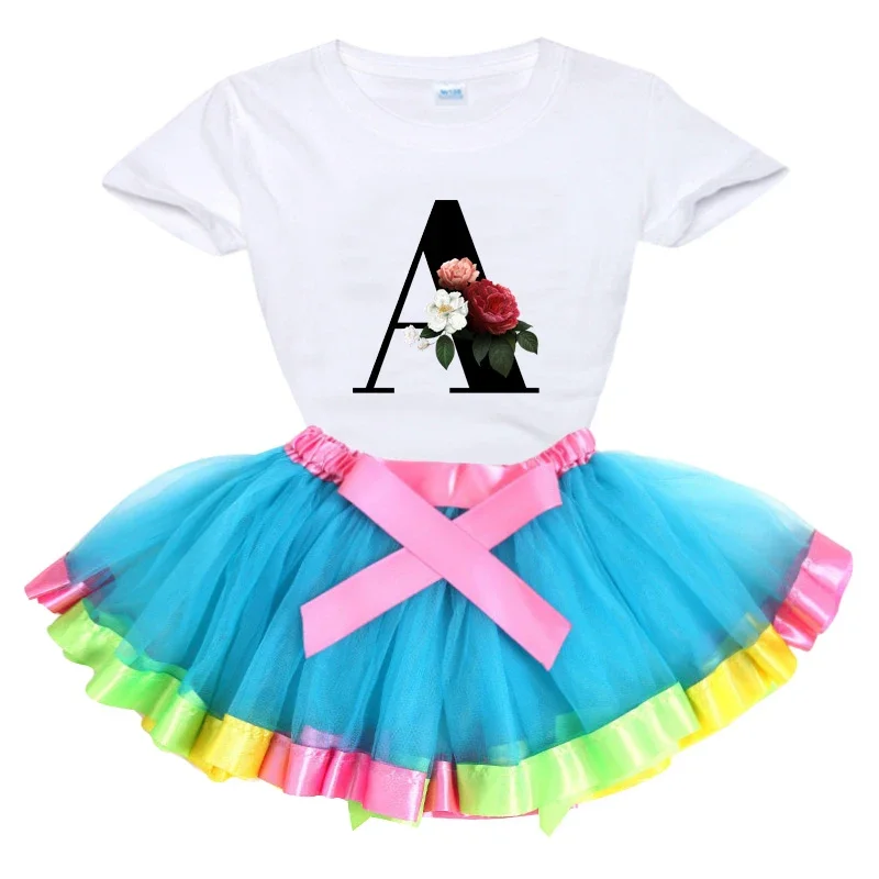 

Girls Clothes Set Casual Summer 2020 New Girls Dress Short Tshirt +tutu Dress Clothing Letter A Flower T Shirt Sets Little Girls