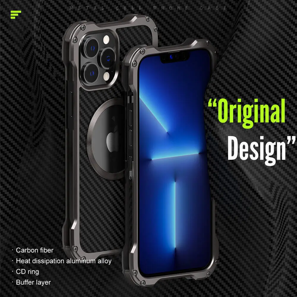 Aluminum Metal Bumper Case for iPhone 14 13 Pro Max Carbon Fiber Back Phone Camera Cover for iPhone 12 Pro Max Slim Mag for Safe