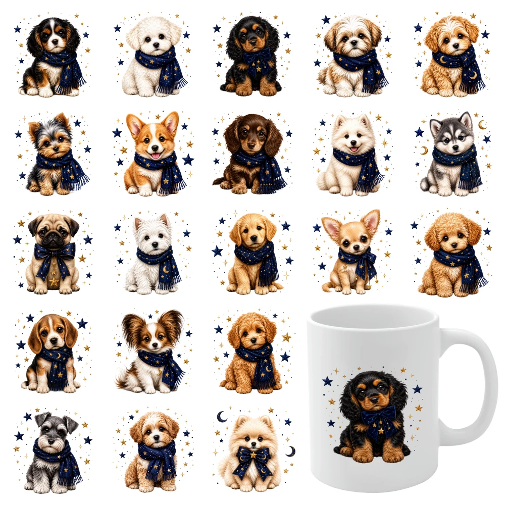 21 Pcs Puppy Scarf Stars UV DTF Stickers Waterproof Decals UV DTF Transfer Stickers for Glass Cups Glass DTF Transfer Stickers