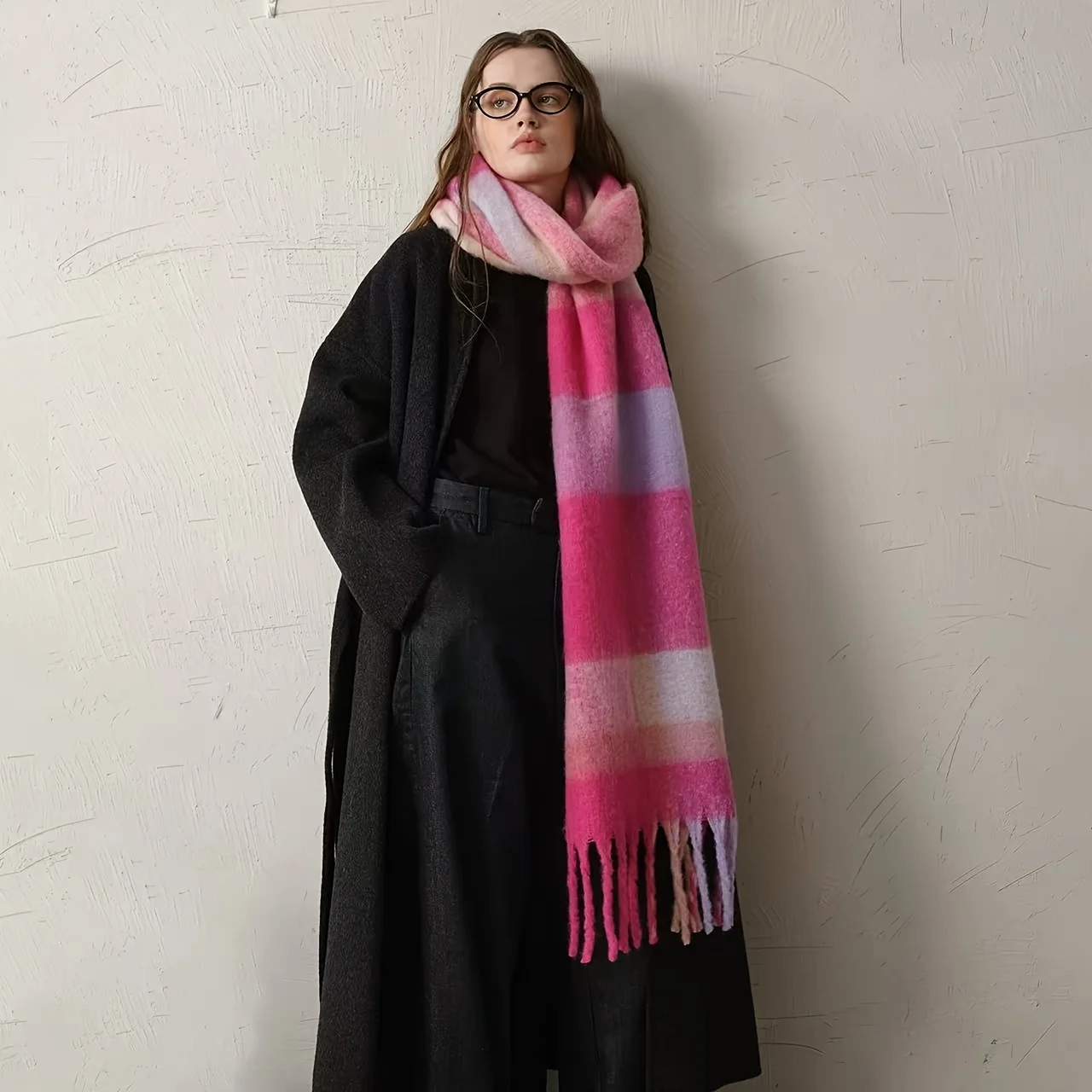 [Plaid Cashmere Shawl] Warm Thick Long Plaid Shawl - Cross-Border Foreign Trade Stock Imitation Cashmere Scarf with Coarse Tassels for Women - Autumn And Winter