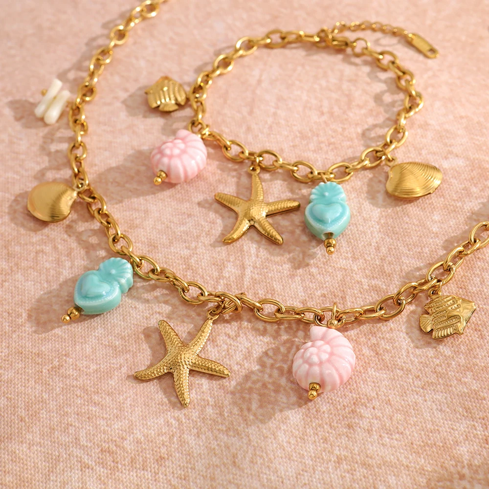 

WILD & FREE New In Stainless Steel Ocean Necklace Bracelet for Women Vintage 18K Gold Plated Beach Holiday Waterproof Jewelry