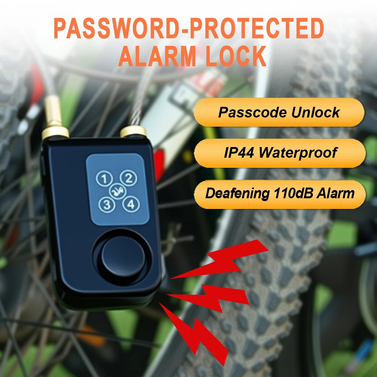 Waterproof Electronic Wire Lock, 3xAAA Battery Lasts 1 Year, 110dB Alarm, Bike Lock, Password, Outdoor Gate/Shed Security.