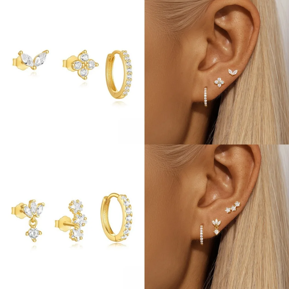 Stackable Gold CZ Earring Pack Marquise & Clover Studs Pave Huggie Hoops Delicate Daily Layering Ear Jewelry Set