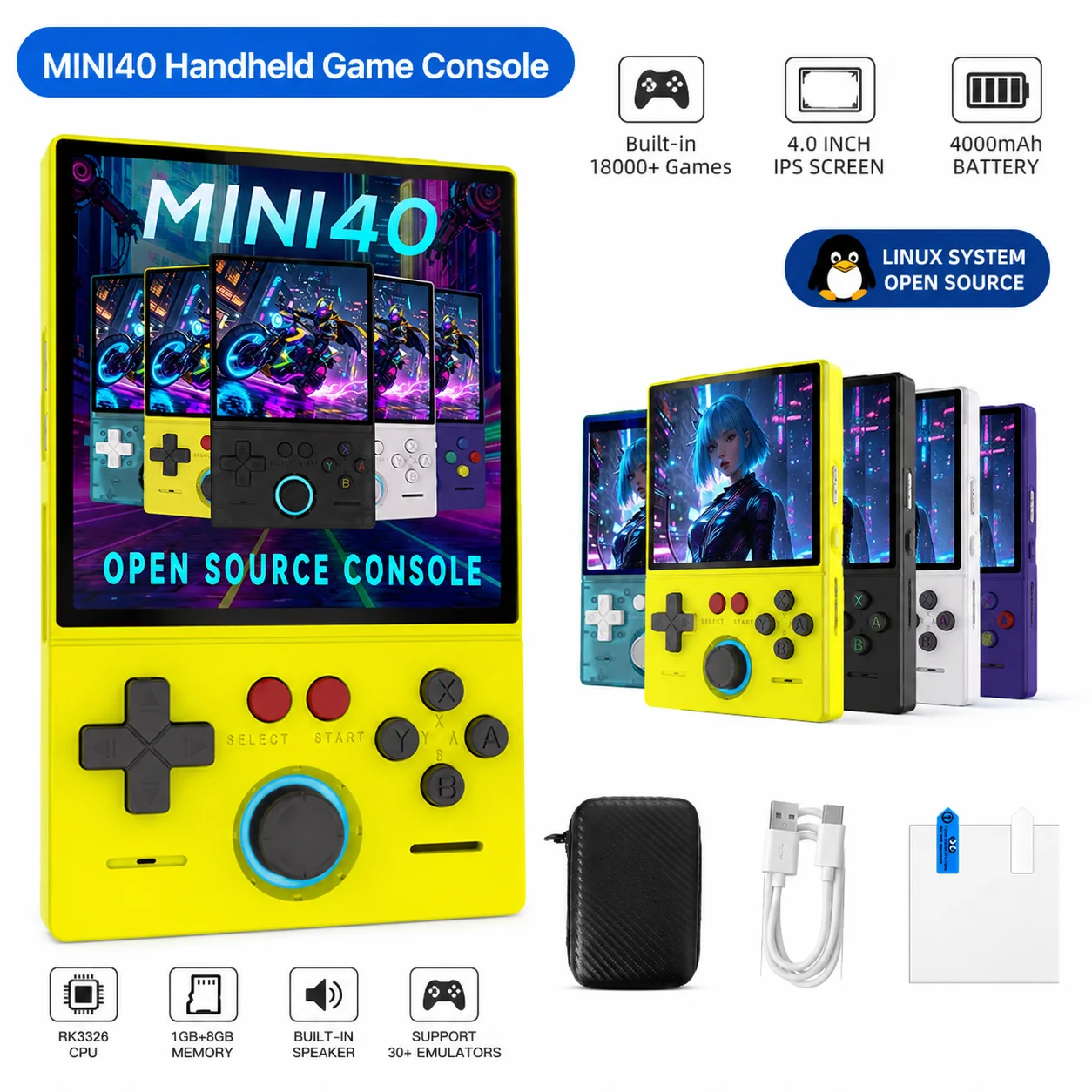 MINI40 Retro Pocket Game Console 4.0 Inch IPS Linux System 30+ Emulators RGB Glowing Joystick 4000mAh Handheld Video Game Player — product photo 1 of 1
