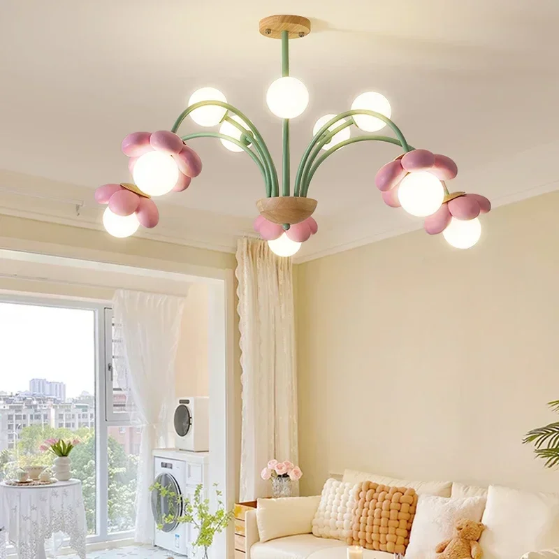 

New Romantic Cream Style Led Chandelier for Bedroom Living Room Children's room Resin Flower Pendant Lights Hanging Lamp Fixture