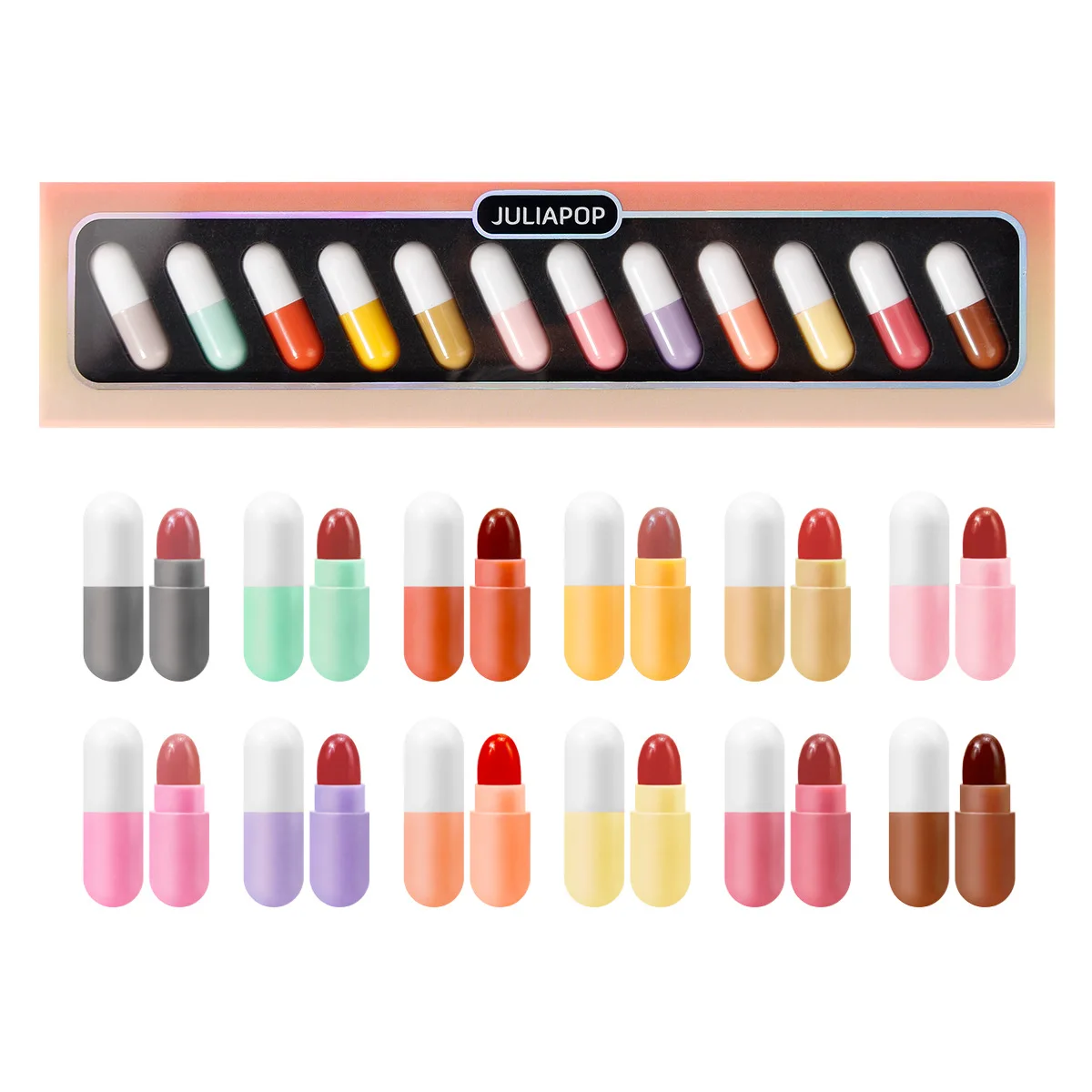 Mini 12-Farben-Kapsel-Lippenstifte-Set, wasserdicht, antihaftbeschichtet, für Tassen, Tragepillen, Lippenstift, Neuheit, Lippen, Make-up, DIY-Lipgloss für Frauen