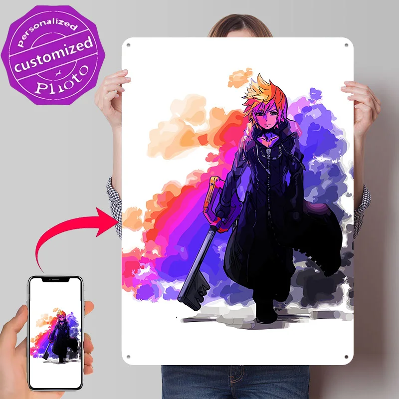 Roxas Kingdom Hearts Fan Art Personalized 3D Textured Metal Poster Wall Art Vintage Tin Signs for Living Room Decoration Items