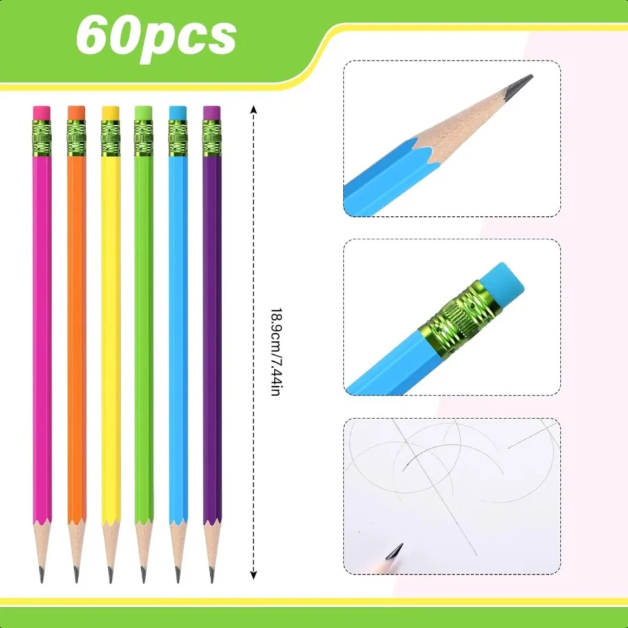 60 قطعة أقلام رصاص HB 2 أقلام رصاص خشبية غير شحذ مع ممحاة قلم رصاص سداسي لطيف جرافيت رقم 2 قلم للبالغين هدية امتحان Sc